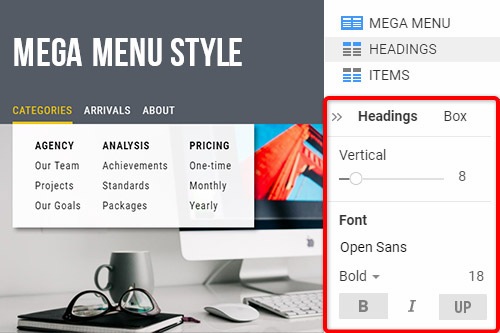Hoe de Mega-menustijl voor webdesign te wijzigen?