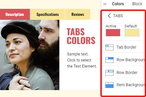 How to stylize the Tabs element editing colors