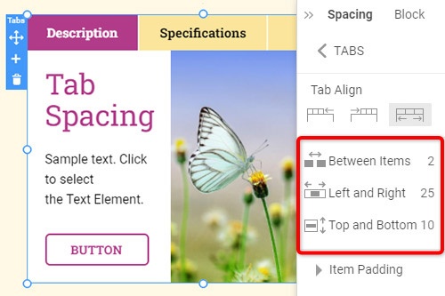 Come modificare la spaziatura delle tabulazioni per l'elemento in Tabs